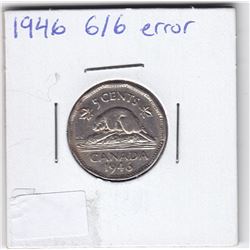1946 Canada 5-Cent Nickel Coin - 6 Over 6 Variant