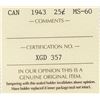 Image 3 : 1943 Canada ICCS Graded Silver 25-Cent Coin - MS 60