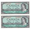 Image 1 : 2 Consecutive 1954 Bank Of Canada $1 Replacement Bank Notes