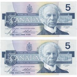 2 Consecutive 1986 Bank Of Canada $5 Bank Notes