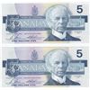Image 1 : 2 Consecutive 1986 Bank Of Canada $5 Bank Notes