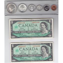 1967 Canada Centennial Silver Coin Set In Holder & 2 $1 Bank Notes