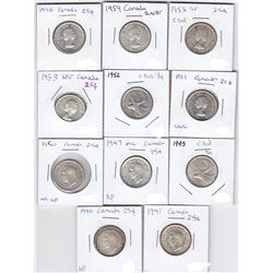 Canadian Silver Quarter Lot (1940 - 1959) 11 Coins