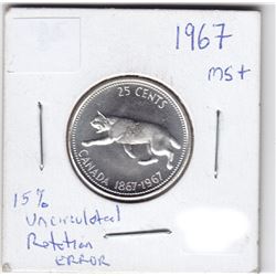 1967 Canada Silver 25-Cent Quarter - MS + - Rotation Error