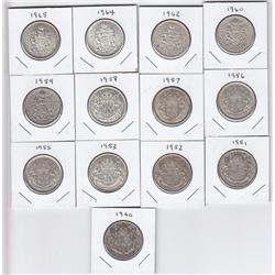 13 Canadian Silver 50-Cent Half Dollar Coins - 1940 - 1965