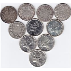 10 Canada Silver 25-Cent Quarter Coins - 1903 - 1963