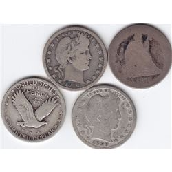 4 United States Silver 25-Cent Quarter Coins - 1899 - 1927