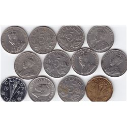 12 Canada 5-Cent Nickel Coins, 1926 - 1944