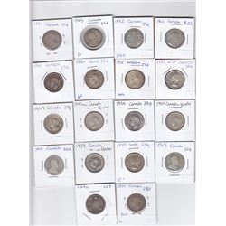 Canadian Silver Quarter Lot - 18 Silver Coins, Sterling & 80%