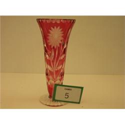 Cranberry cut glass trumpet shaped vase, 8.5" high…