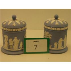 Pair of Wedgwood Jasperware lidded pots with classical decoration…
