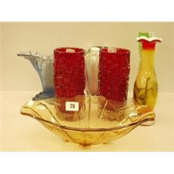 Pair of Whitefriars vases plus five other items of coloured glassware…