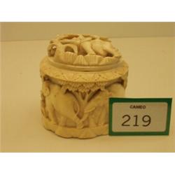 Ivory lidded tobacco jar heavily carved with elephants and palm trees…