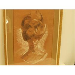 Framed Stephen Ward chalk drawing of Mandy Rice-Davies, heightened in white…