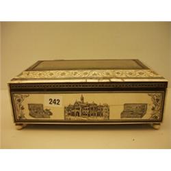 Ivory cased cigar box with etched panel depicting medical instruments with mosaic inlay…