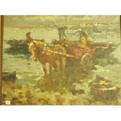 Large framed oil, indistinctly signed of seaweed gatherers…