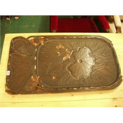 Carved and lacquered wooden tray, late Meiji/Taisho period, carved in bas-relief with lotus leave…