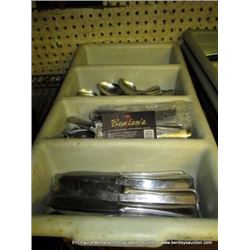 PLASTIC SILVERWARE BIN W/ SILVERWARE