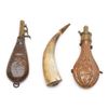 Image 1 : Lot of 3 powder flasks; one brass, one leather and  a classic horn with woo