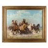 Image 1 : Framed original oil on canvas of a cowboy on  horseback working a herd of w