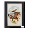 Image 1 : Colorful framed litho print of a cowgirl on  horseback with lasso chasing c