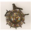 Image 2 : Small ornate multi-colored enamel and brass powder  flask, approximately 2.