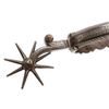 Image 1 : Fancy pair of silver inlaid spurs with 8-point  rowels and tooled leather s