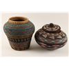 Image 1 : Two ethnic beaded baskets including a basket with  geometric design in turq