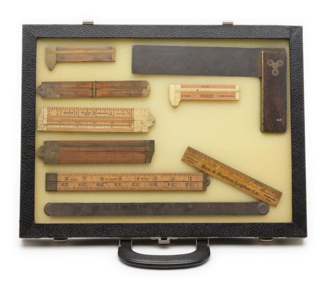 Old Measure Lot of 9 old measuring devices, mostly wood and brass including makers lik