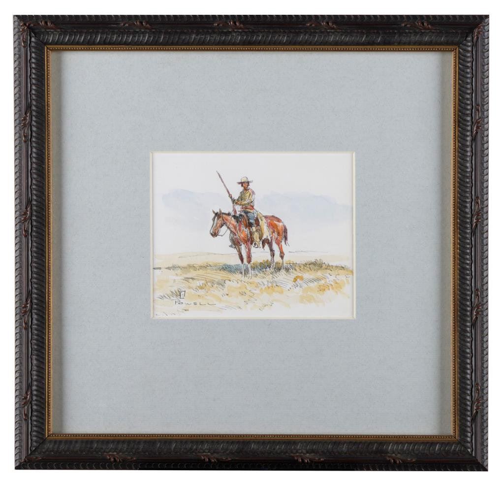 Framed And Matted Watercolor Of Hunter On Horseback By Noted Western Artis