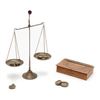 Image 1 : Old portable mining scale in wood box with  separate brass displaying stand