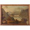 Image 1 : Hudson River Valley School oil on canvas  showing sailing ship, fisherman a