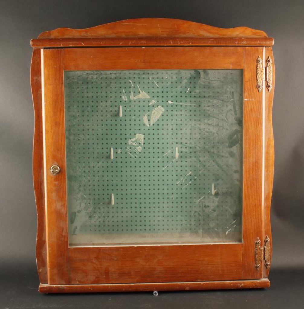 Wood and glass wall hanging display case, approximately 28” x 25” overall