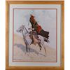 Image 1 : Large oak framed and double matted color  print of Indian Scout on horsebac