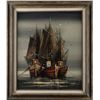 Image 1 : Framed original oil on canvas of ships at  anchor, artist signature not cle