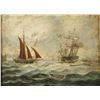 Image 1 : Painting on board of sailing ships with  rowboat in foreground, signed &#8220;D.