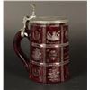 Image 1 : German stein; &#8220;Ruby Red&#8221; cut/etched glass  with pewter glass top.    Est.: