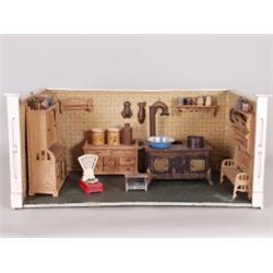 Puppenküche. Holz. Rechteckige Form. Einrichtung bestehend aus: Aufsatzschrank, Handtuchhalter,...