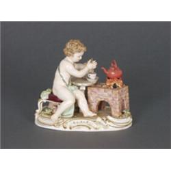 Porzellanfigur. Auf ovalem Rocaillesockel Putto beim Bereiten von Schokolade. Seitlich Kessel au...