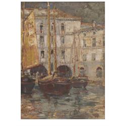 Unbekannt, 19.Jh. Kanalansicht. Vor einem Palazzo ankernde Segelboote. Rechts unten undeutlich s...