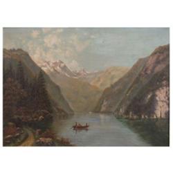 Unbekannt. Mitte 19.Jh. Blick auf den Königsee und Watzmann, im Hintergrund St. Bartholomä. Öl/L...