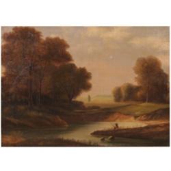 Schönleber Gustav, Bietigheim 1851-1917 Karlsruhe. Stimmungsvolle Flußlandschaft mit Angler. Mit...