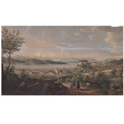 Aquarell. Blick auf den Starnberger See, Schloß Possenhofen und Umgebung. Figurenstaffage. Hinte...