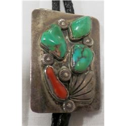 Navajo Sterling Silver and Turquoise and Coral Bolo Tie
