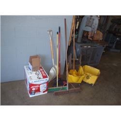 Cleaning Supplies Includes Brooms, Shovels, Mop Buckets Towels