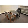 Image 1 : BLACK GLASS MODERN DESK WITH LEATHER OFFICE CHAIR AND 2 GREY CLIENT CHAIRS