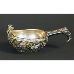 Bowl, Silver and enamel, Russia 1908-1917, length with handle 13 cm; dent and enamel damages...