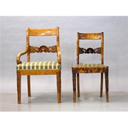Armchairs, 1 pair and 5 chairs, Polished carved and sculpted birch, Biedermeier, Sweden 1840s (...