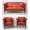 Image 1 : Salon group, 6 pieces, Red leather, 4 clubchairs, sofa and table, 1920s; table newer, wear, 2...