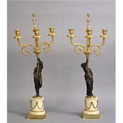 Candelabra, 1 pair, Bronze and marble, Louis XVI-style, France, 19th century, height 62 cm; dam...